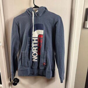 The North Face RU14 medium weight light blue graphic hooded sweatshirt